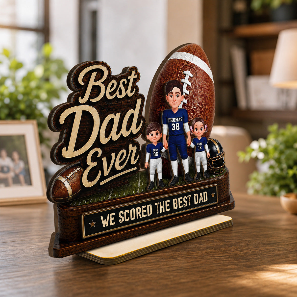 We Scored The Best Dad American Football Dad & Kids - Personalized 2-Layered Wooden Plaque -  Gift For American Football Dad