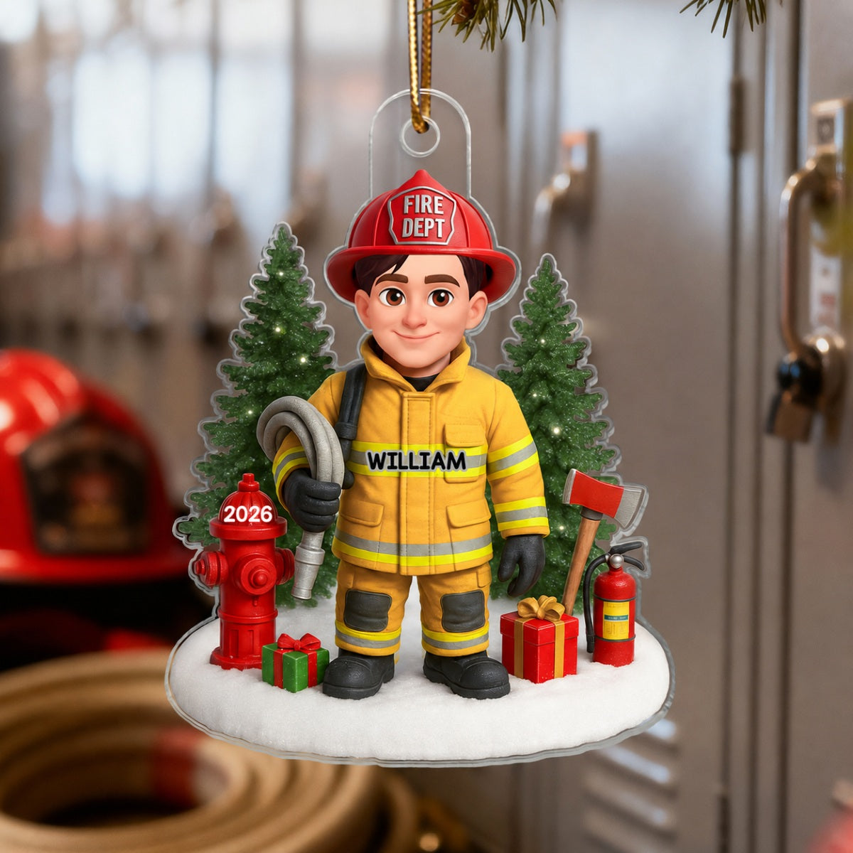 3D Effect Proud Firefighter With Signature Symbols Christmas - Personalized Acrylic Ornament