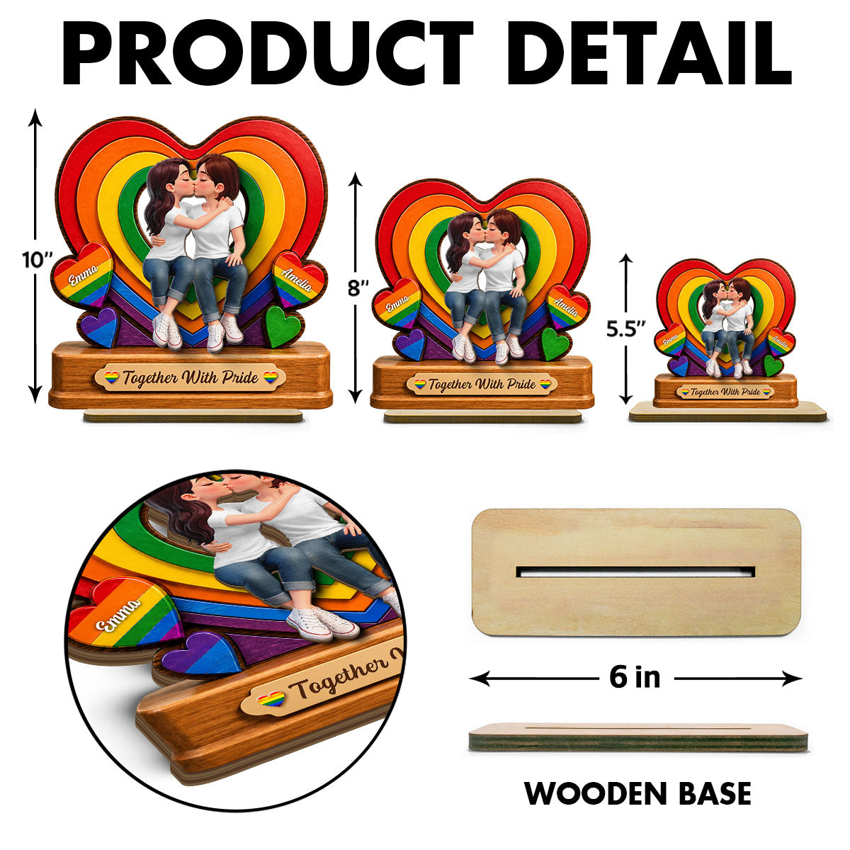 Together With Pride LGBT+ Couple - Personalized 2-Layered Wooden Plaque - Gift For Couple, Happy Pride Month