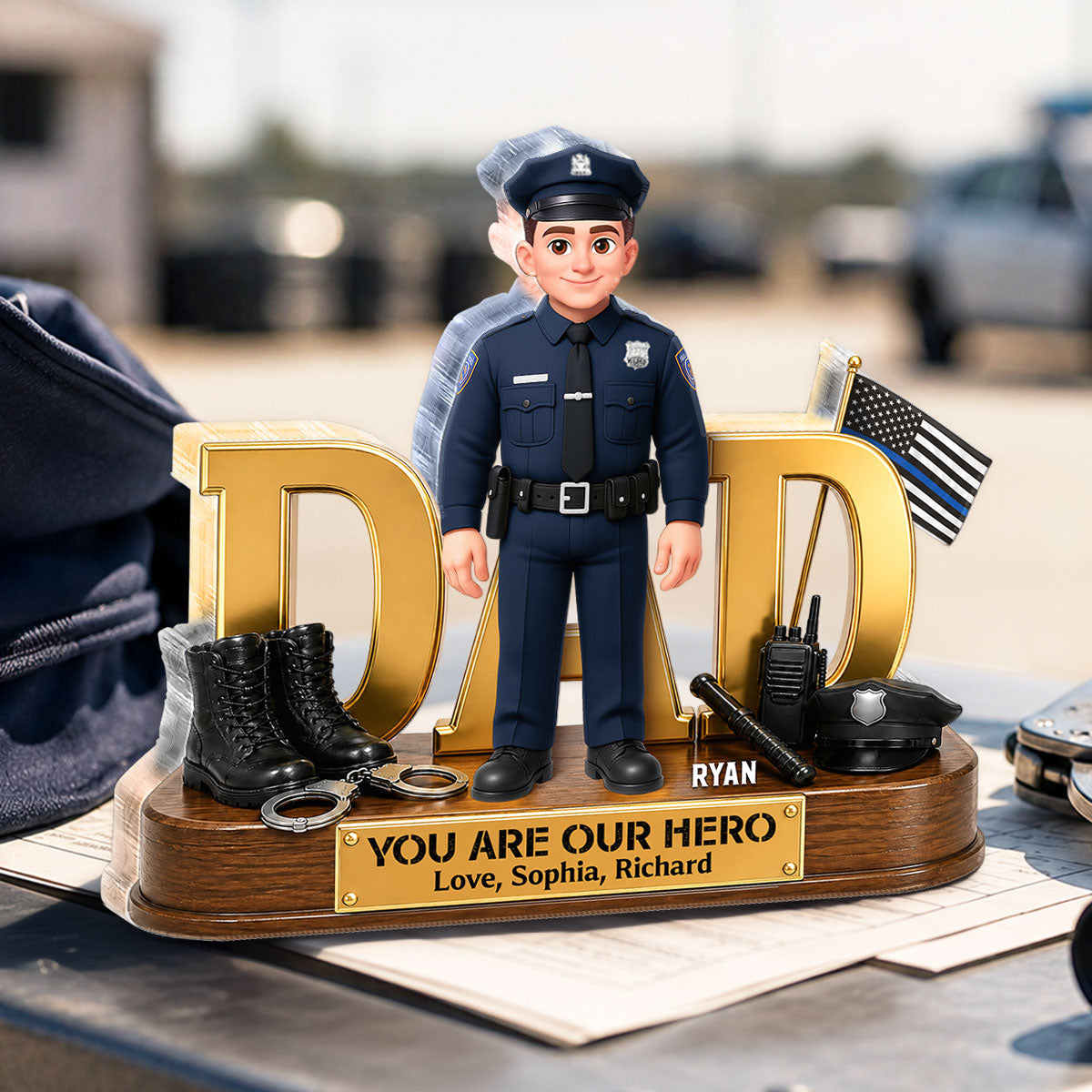 Proud American Police Dad You Are Our Hero Thin Blue Line 2D Flat - Personalized Acrylic Block Plaque -  Gift For Dad