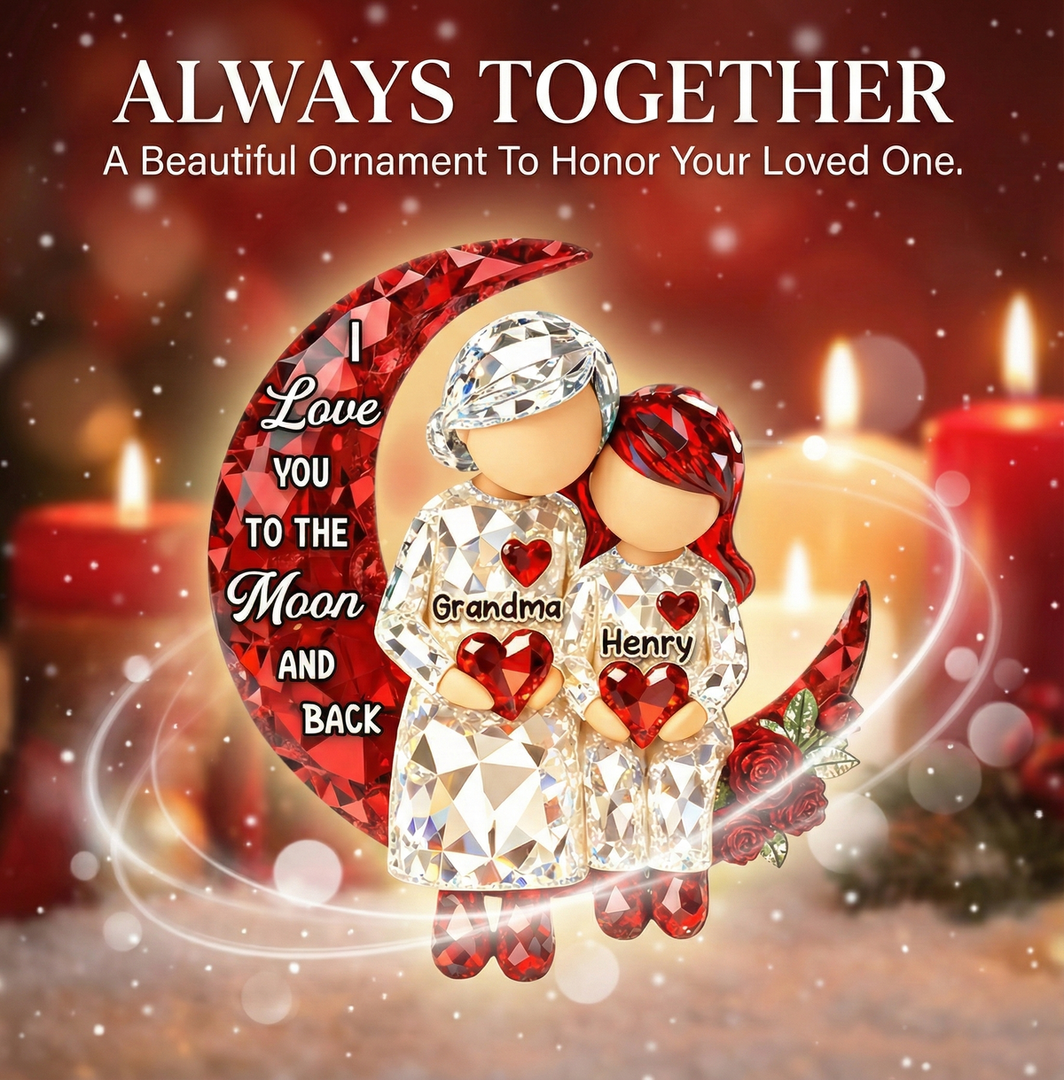 3D Crystal Effect Grandma Grandpa Grandkid Sitting on Moon  - Personalized Acrylic Ornament - Christmas Gift for Grandma, Grandkids
