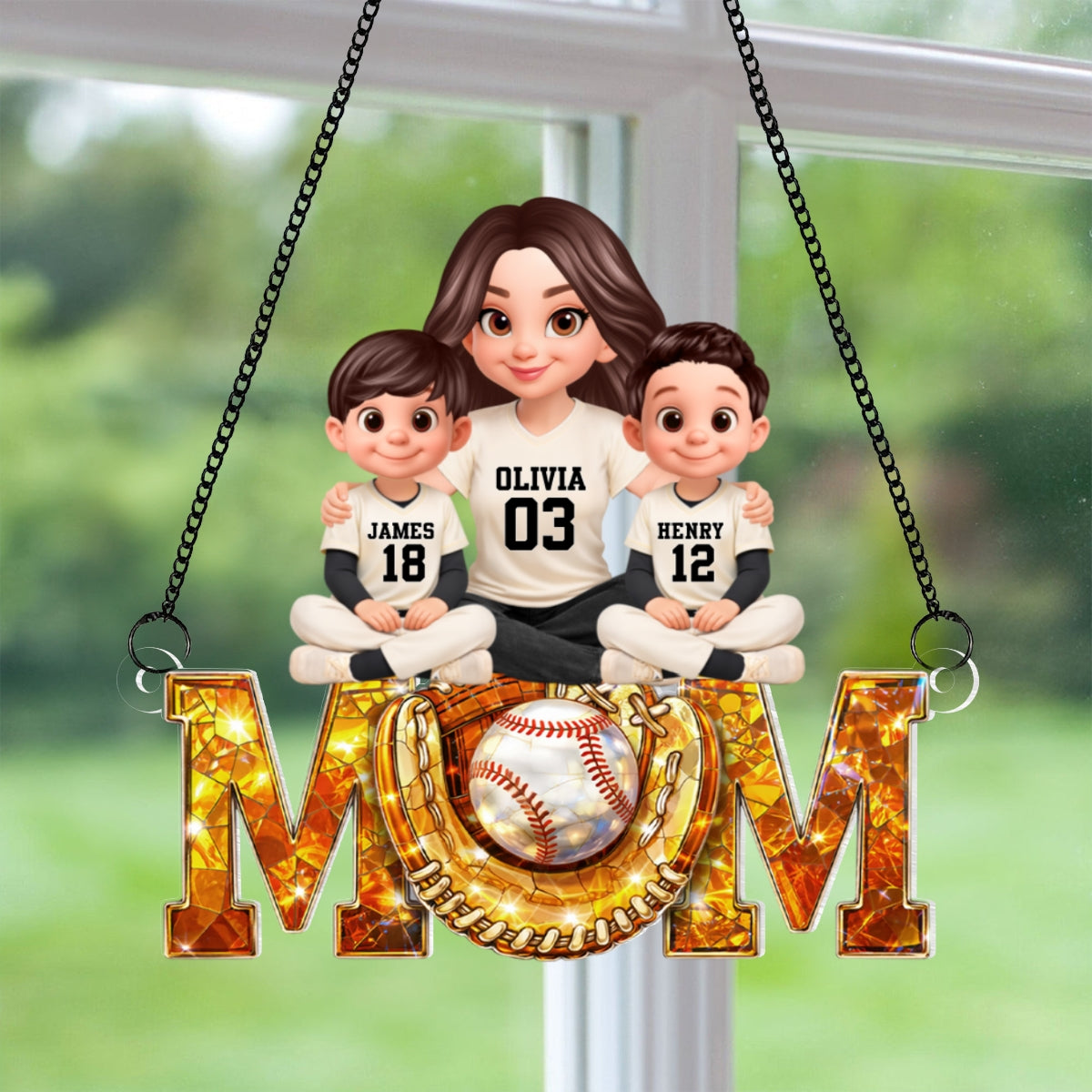 Baseball Mom And Kids Sitting We Caught The Best Mom - Personalized Suncatcher - Heartfelt Mother's Day Gift for Mom, Wife