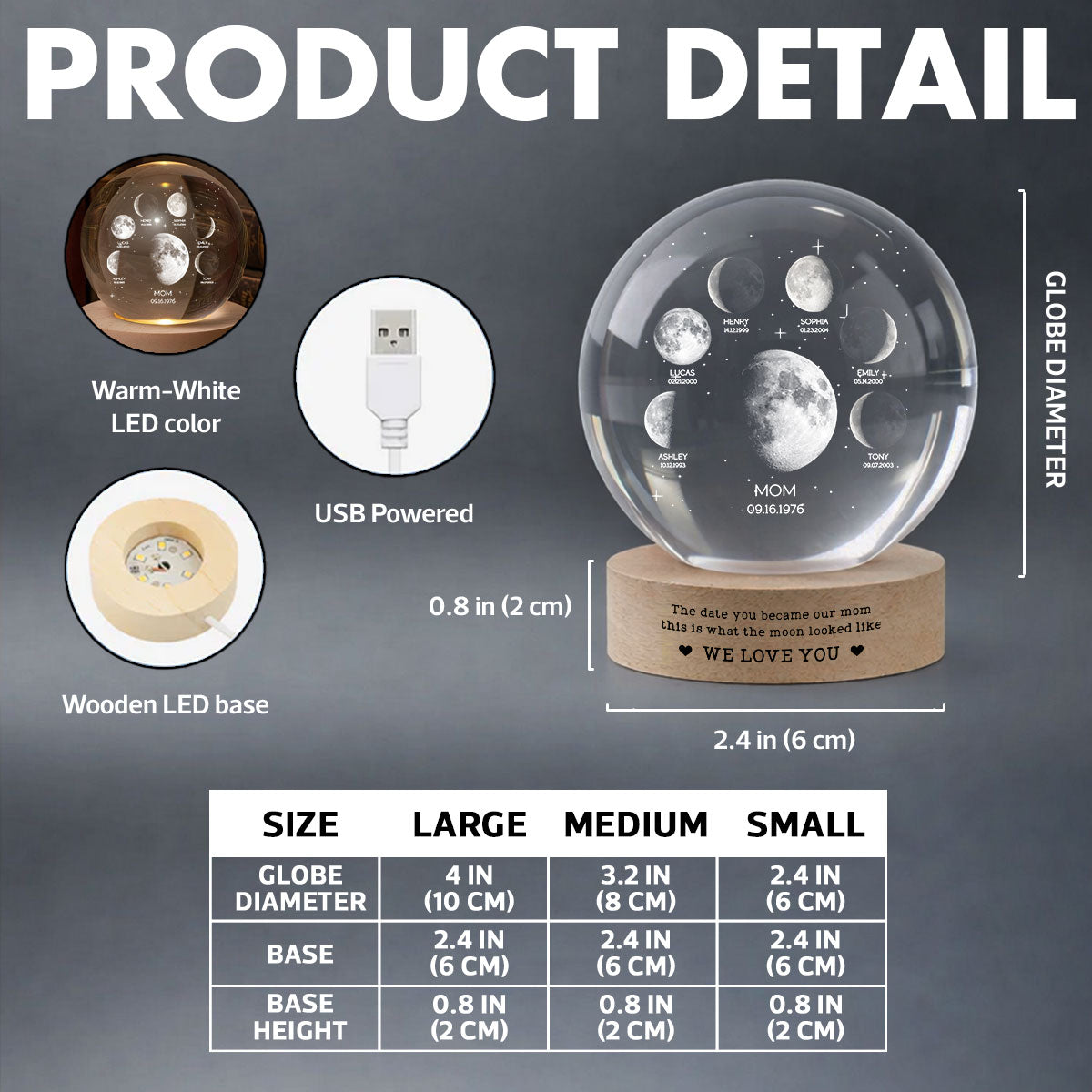 The Date You Became Our Mom We Love You - Personalized Crystal Ball LED Night Light - Gift For Mom, Grandma