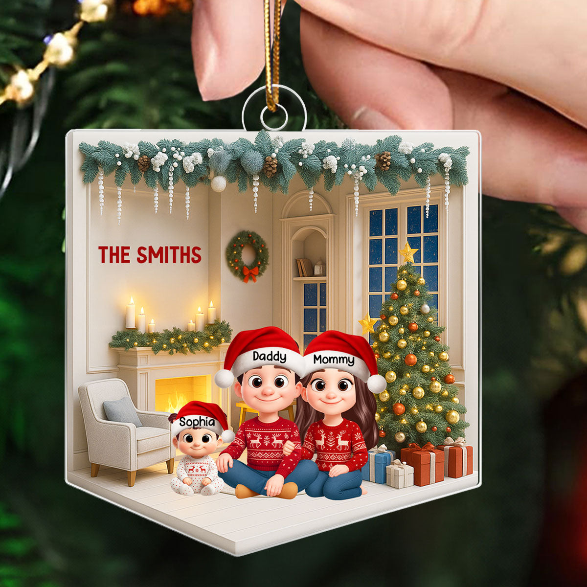 3D House Interior Family Sitting - Personalized Acrylic Ornament - Christmas Gift for Family