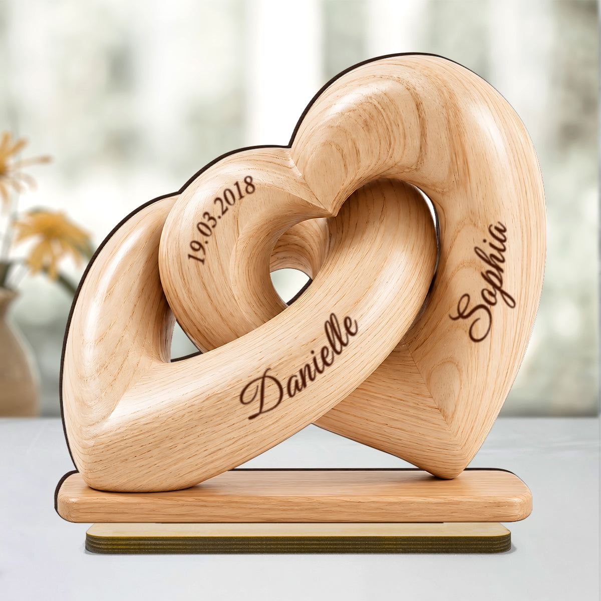 Interlocked Hearts Couple 2D Flat Plaque - Personalized 2-Layered Wooden Plaque - Gift for Him, for Her