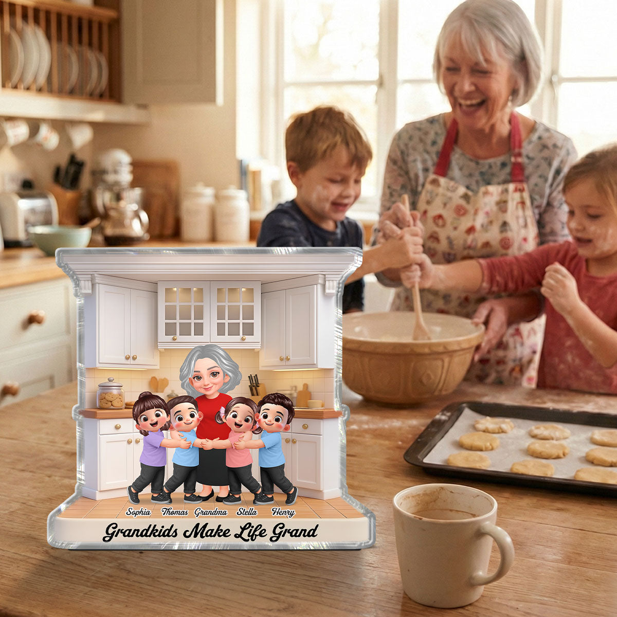 Grandma And Grandkids Happy Together In The Kitchen - Personalized Acrylic Block Plaque - Gift For Grandma