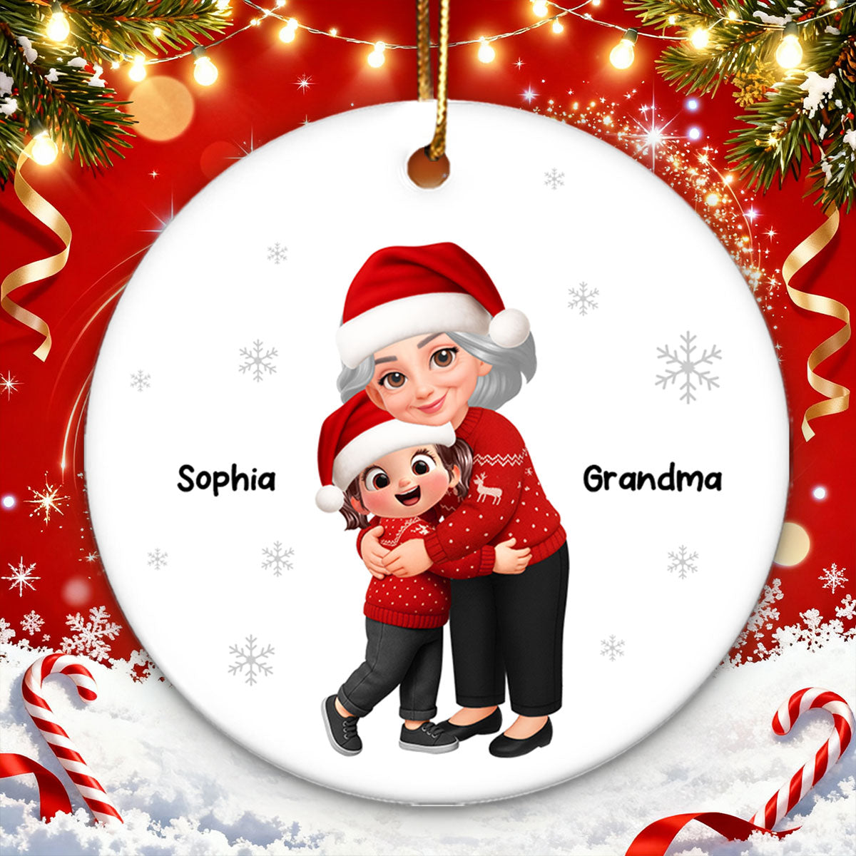Christmas Grandma Hugging Grandkid - Personalized Ceramic Ornament - Heartwarming Gift For Kids, Grandmas