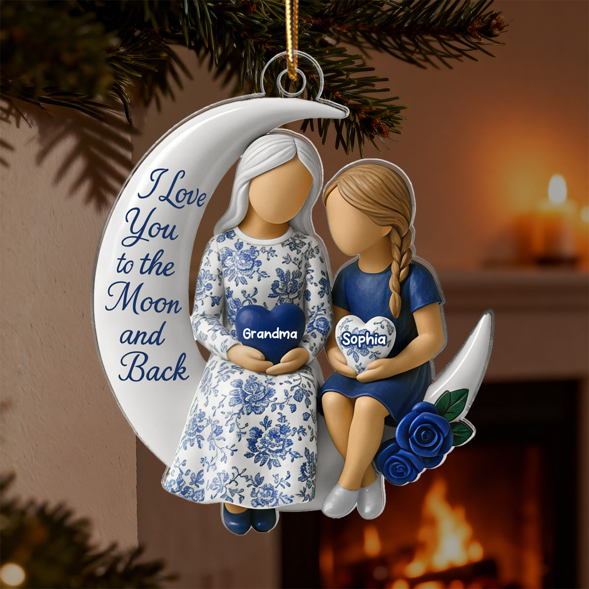 3D Effect Toile De Jouy Pattern Grandma Grandkid On Moon - Personalized Acrylic Ornament - Gift For Granddaughter