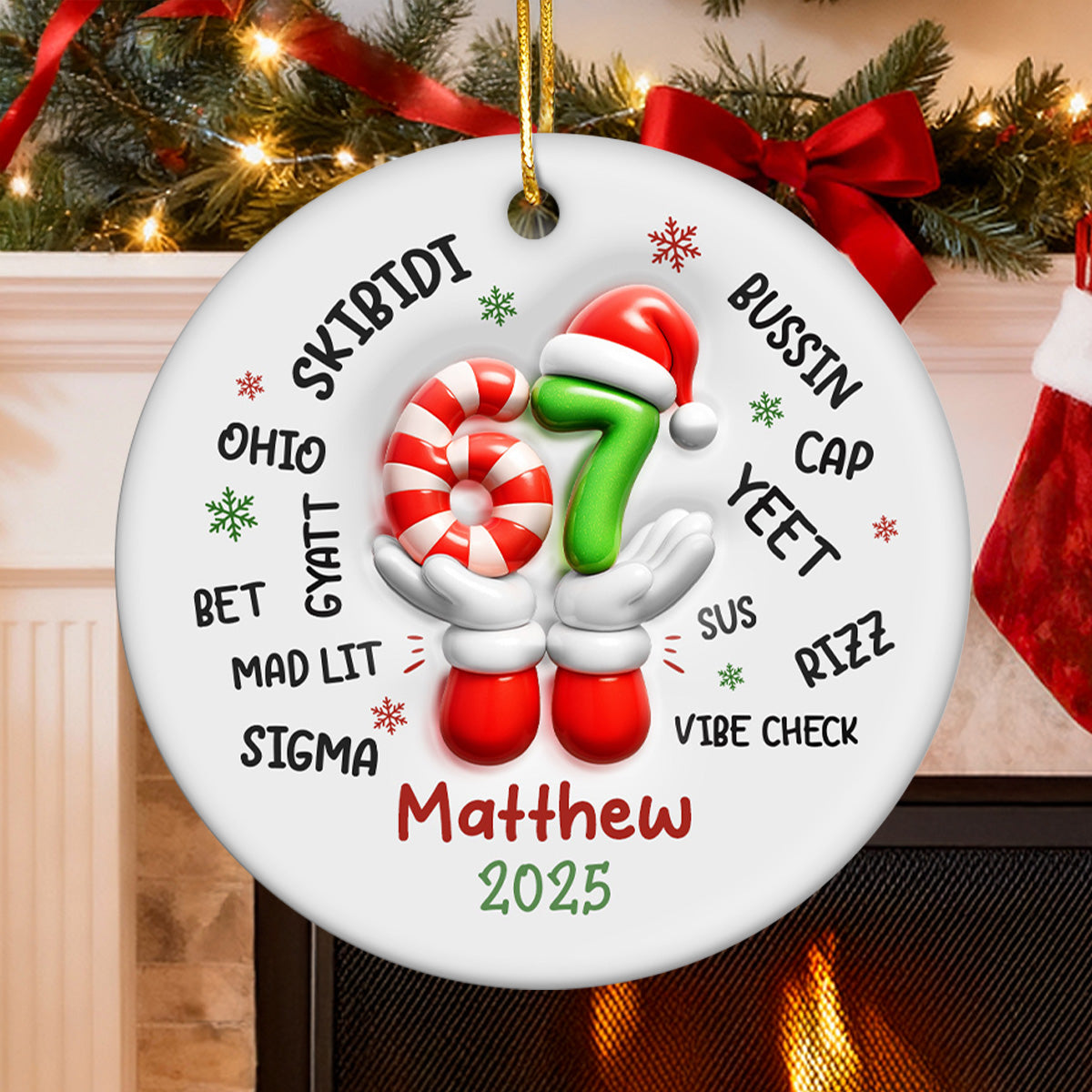 Custom Name Kid Slang Six Seven 3D Effect - Personalized Ceramic Ornament - 2025 Slang, Funny Teen Grandkid, Gen Alpha Christmas Gift