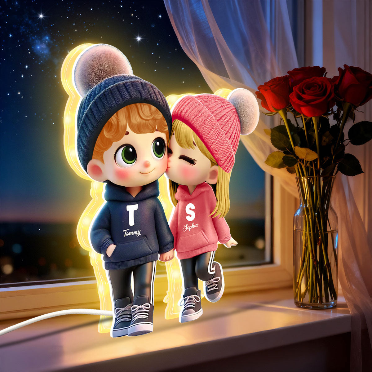 3D Effect Cute Cartoon Couple Walking - Personalized Light Box - Gift for Him, Gift for Her