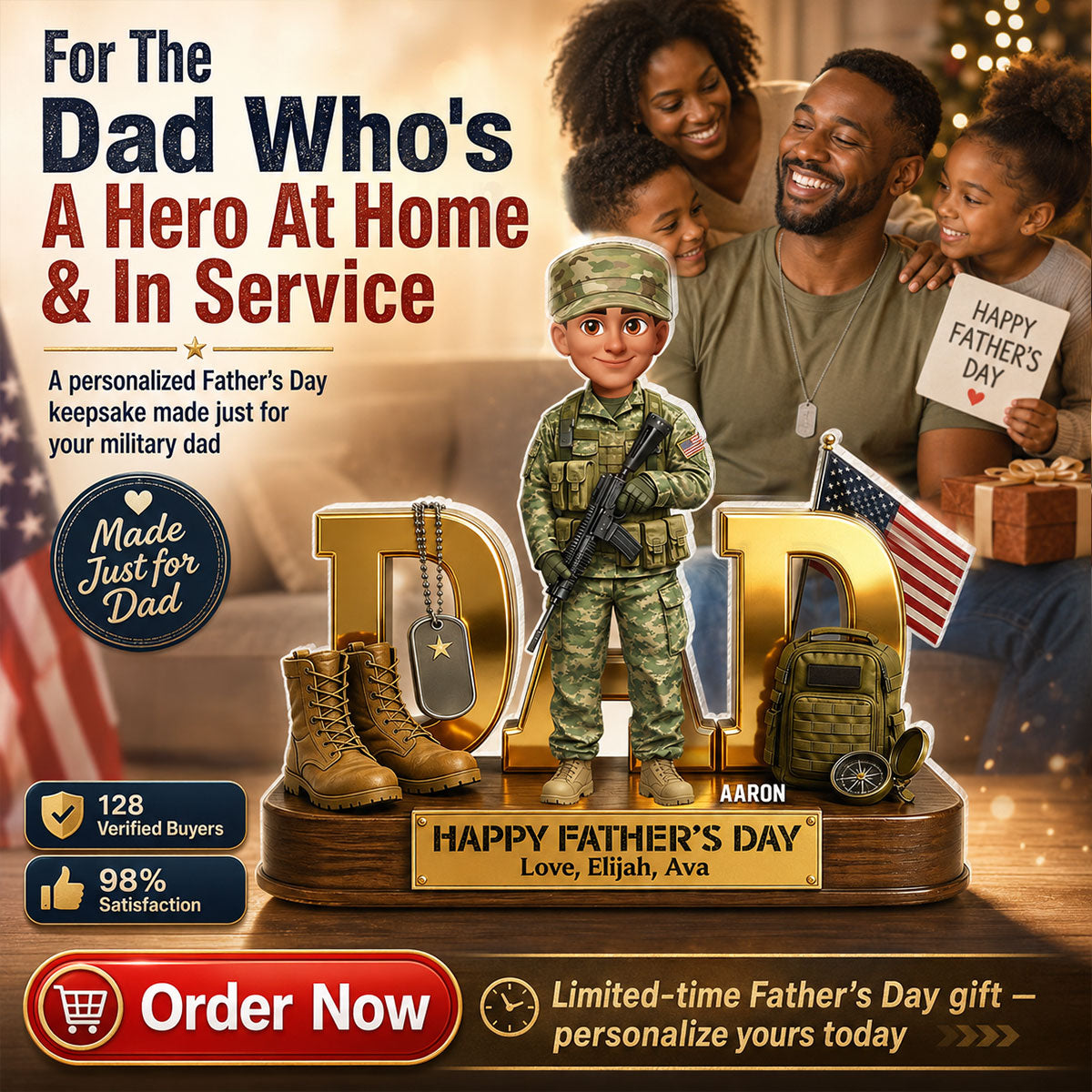 Proud American Military Armed Force Hero Dad 2D Flat - Personalized Acrylic Block Plaque -  Gift For Dad