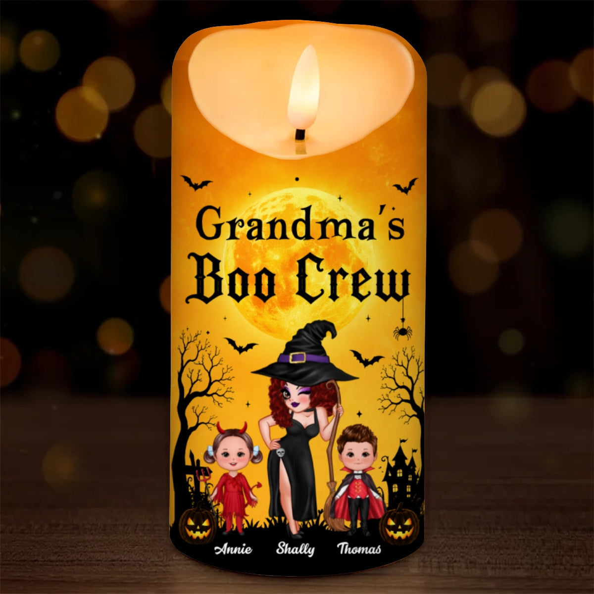 Grandma's Boo Crew Grandma Pretty Witch & Kids - Personalized LED Candle - Perfect Halloween Decor for Grandma