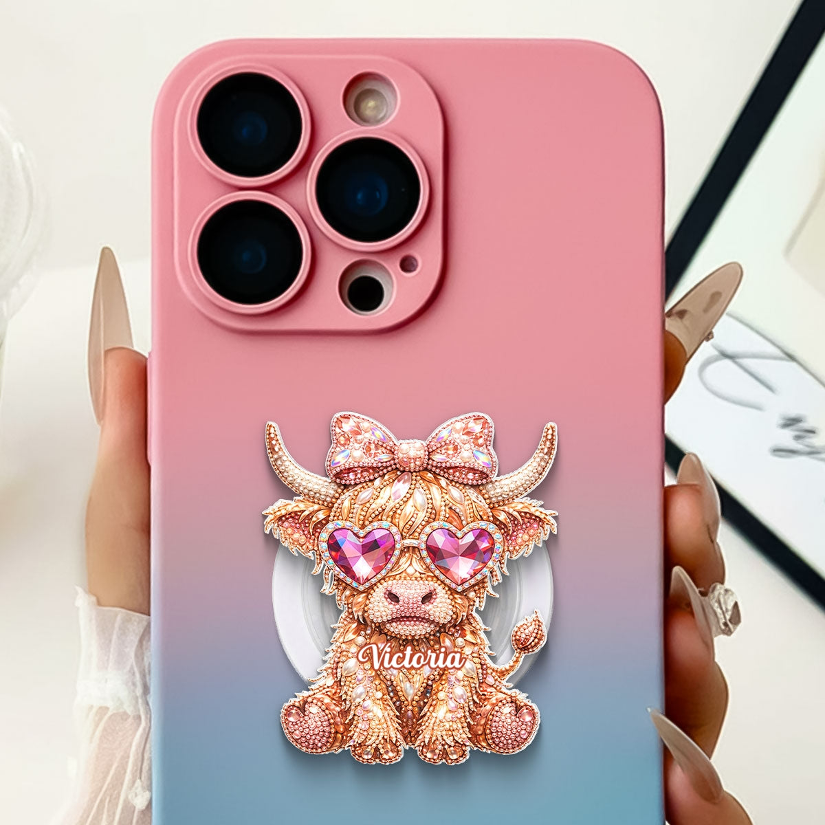 3D Effect Highland Cow - Personalized Acrylic Magnetic Phone Grip - Anniversary, Valentine's Day Gift, Gift For Her