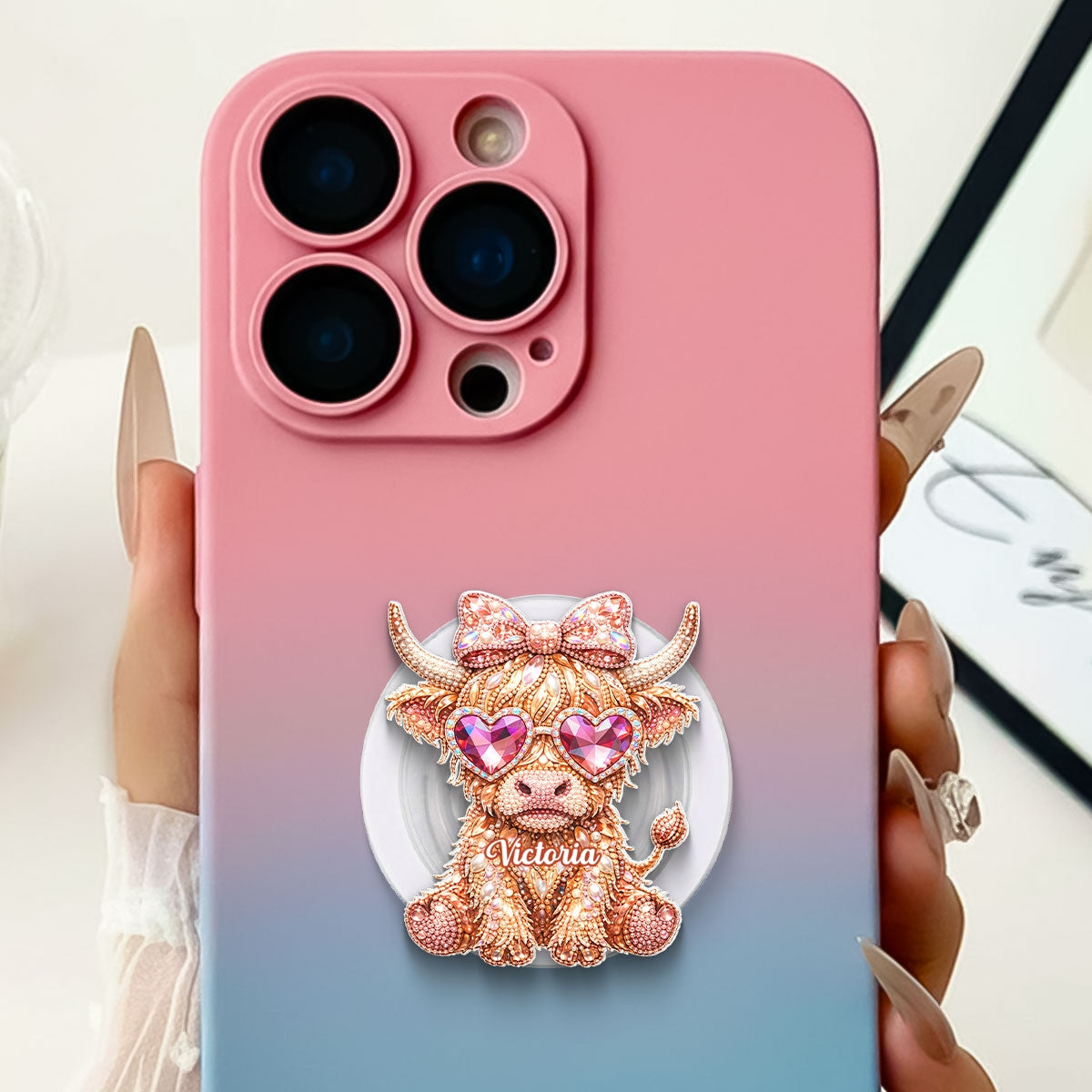 3D Effect Highland Cow - Personalized Acrylic Magnetic Phone Grip - Anniversary, Valentine's Day Gift, Gift For Her