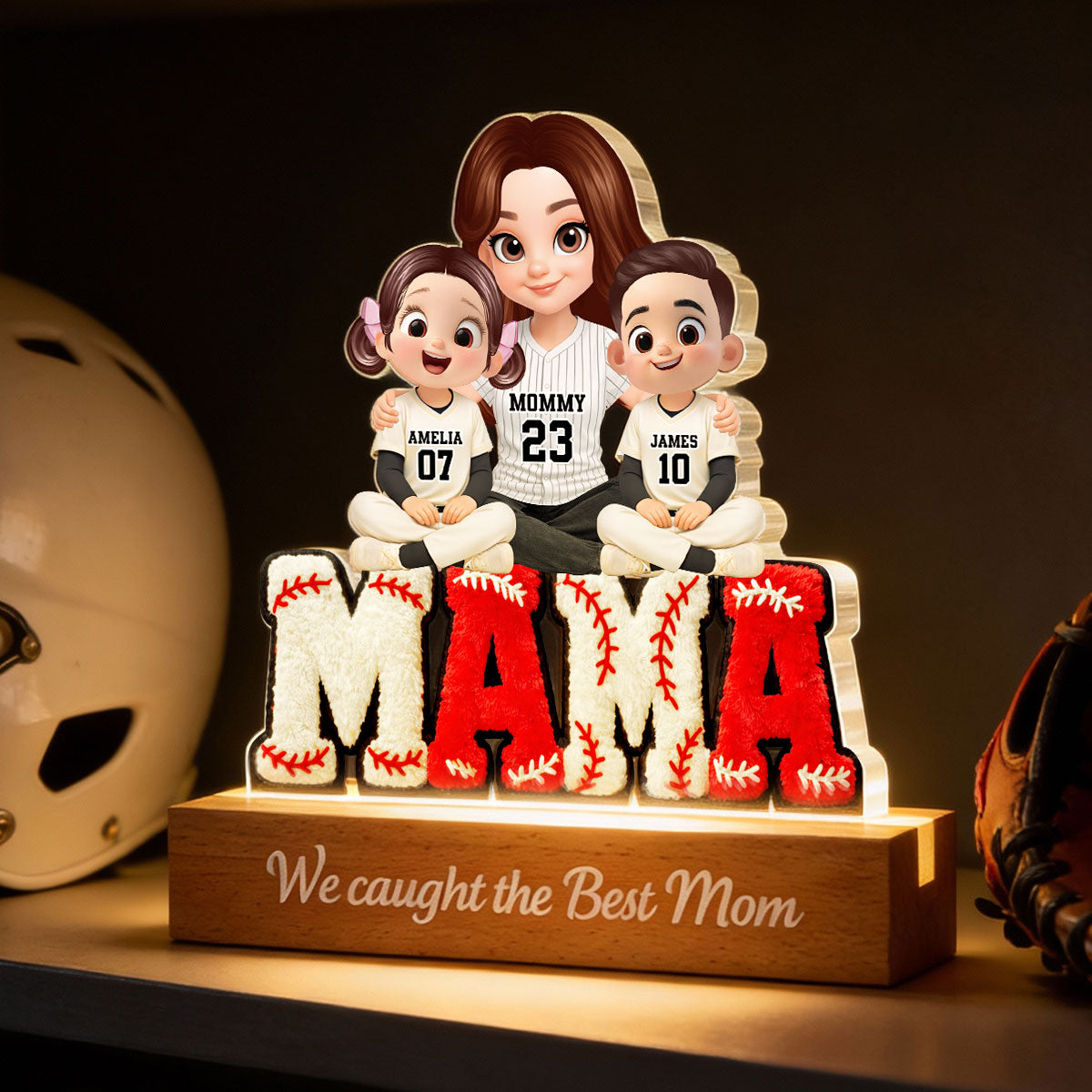 Mama Baseball And Kids - Personalized Acrylic Block LED Night Light - Heartfelt Gift For Mom, Grandma