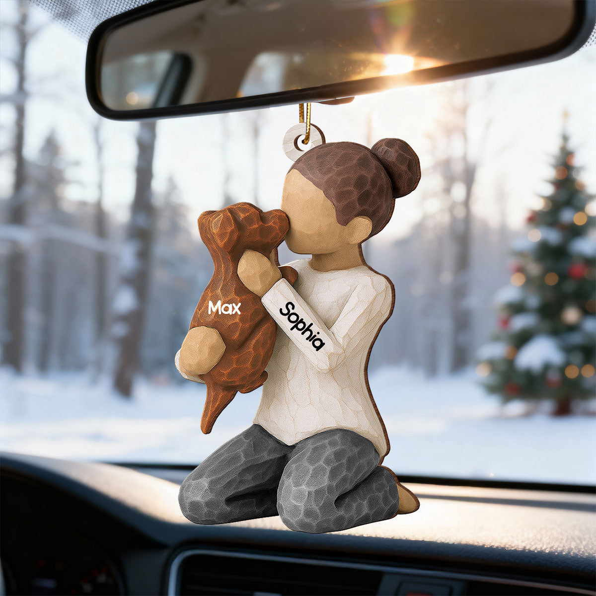 3D Effect Boy Girl Hugging Dog - Personalized Wooden Ornament - Christmas Gift For Dog Lovers