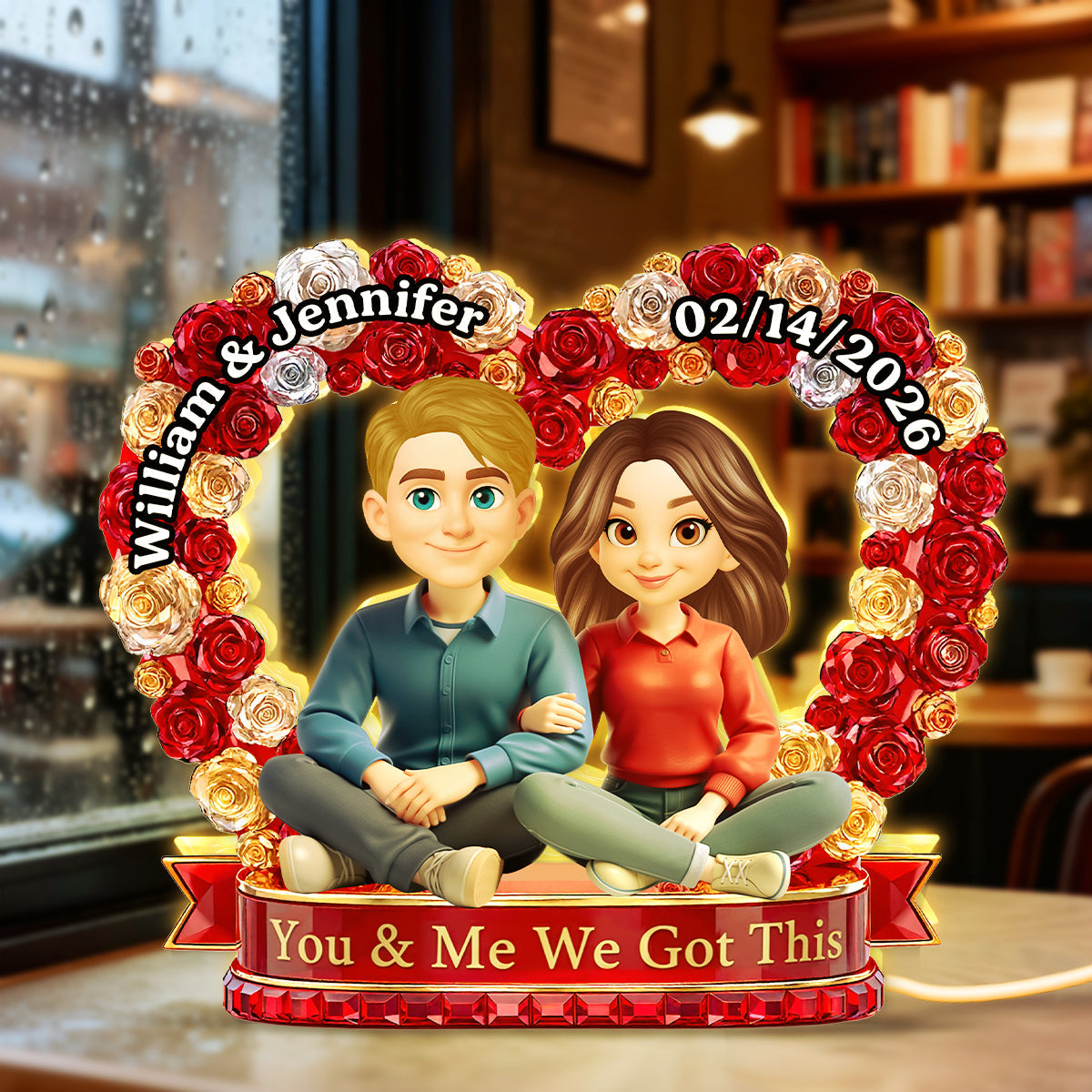 Flower Heart Couple Sitting Together - Personalized Light Box - Gift for Couple