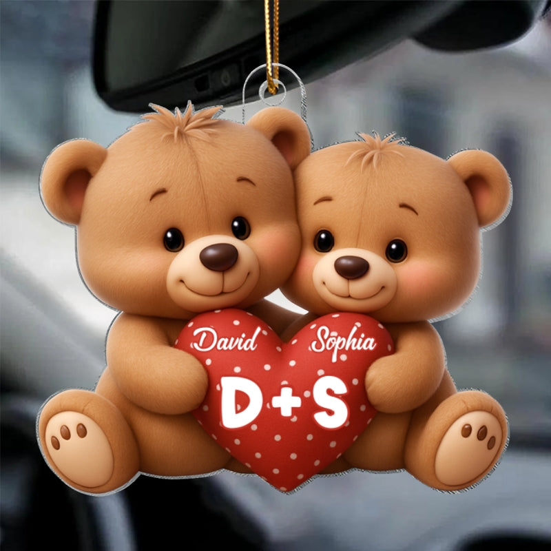 Bear Couple Holding Heart - Personalized Acrylic Car Hanger - Valentine's Day Gift for him, for her