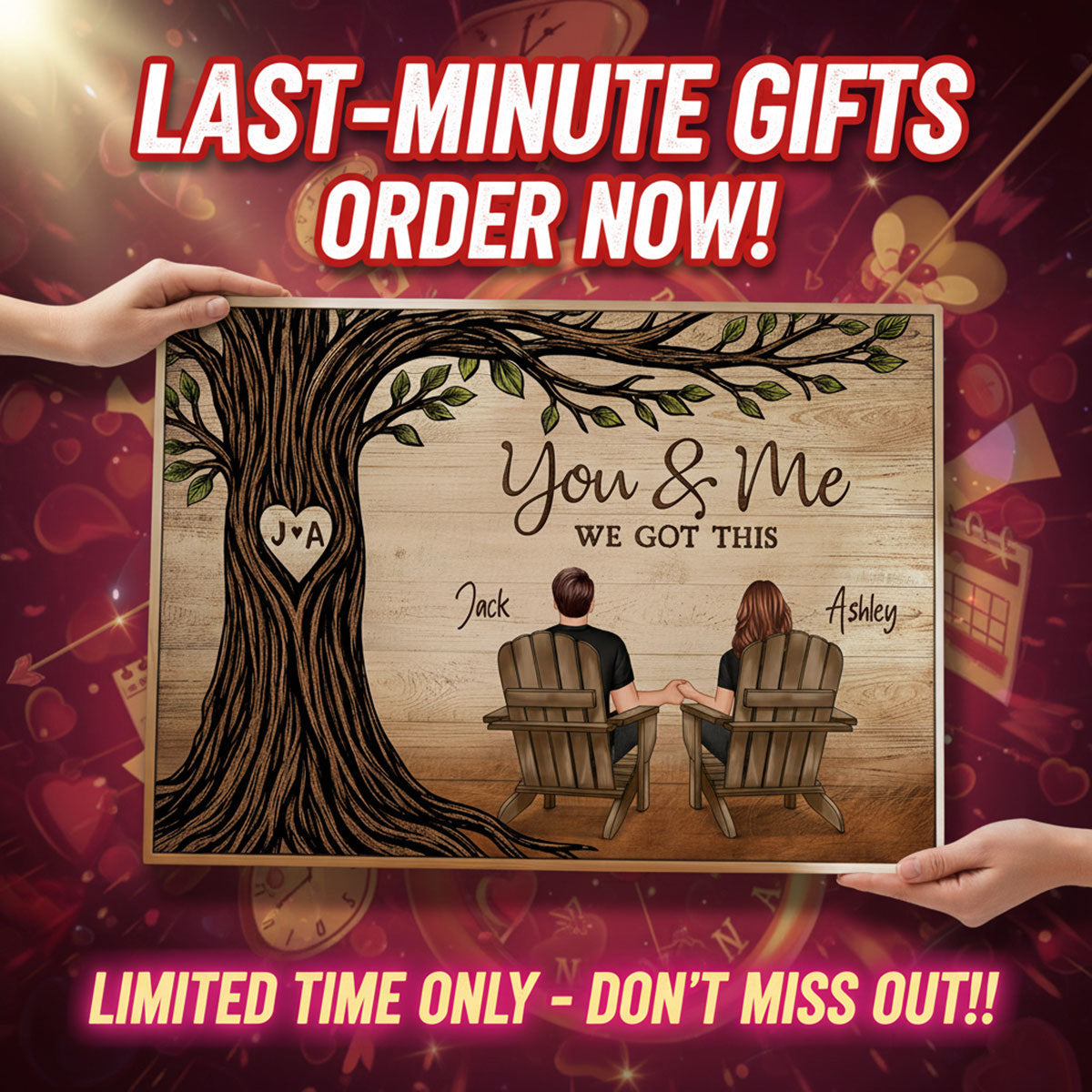 Couple Sitting Under Heart Carved Tree - Personalized Poster - Valentine's Day Gift For Couple