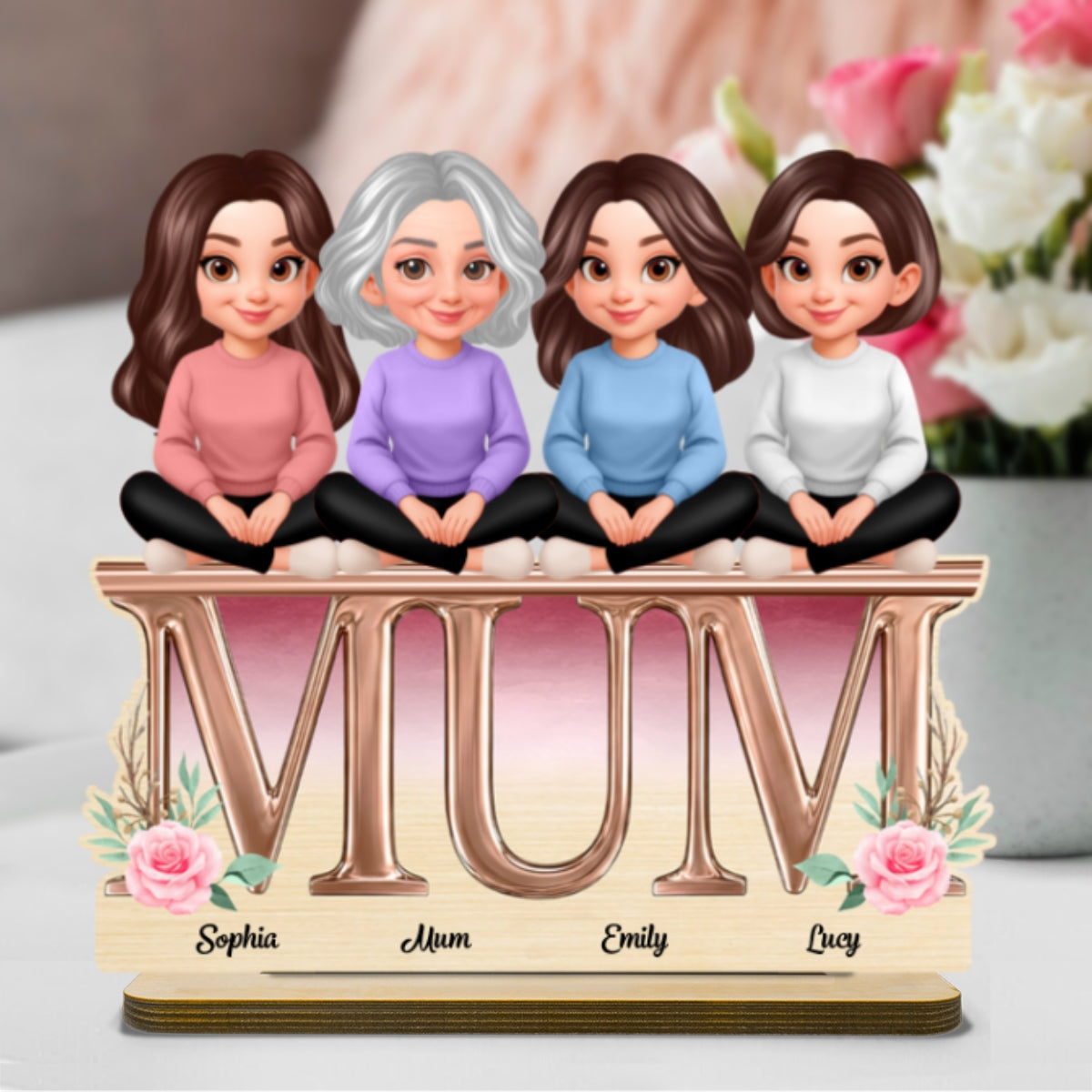 Floral MUM And Daughters Sons - Personalised 2-Layered Wooden Plaque - Gift For Mum