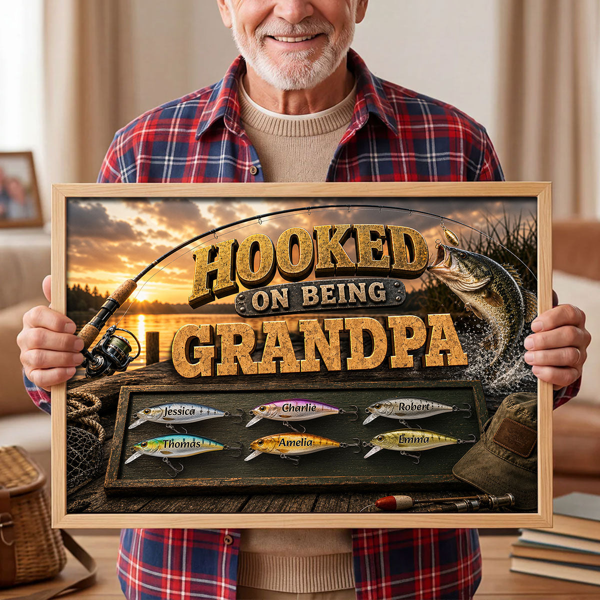 Hooked On Being Grandpa Fishing - Personalized Poster - Father's Day Gift For Dad, Grandpa