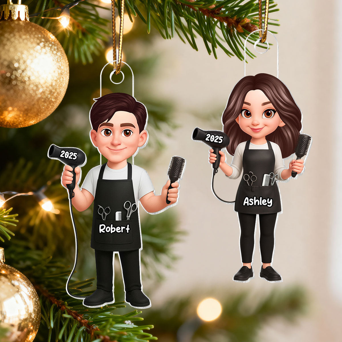 3D Effect Christmas Hairdresser Man Woman - Personalized Acrylic Ornament - Gift For Hairdressers