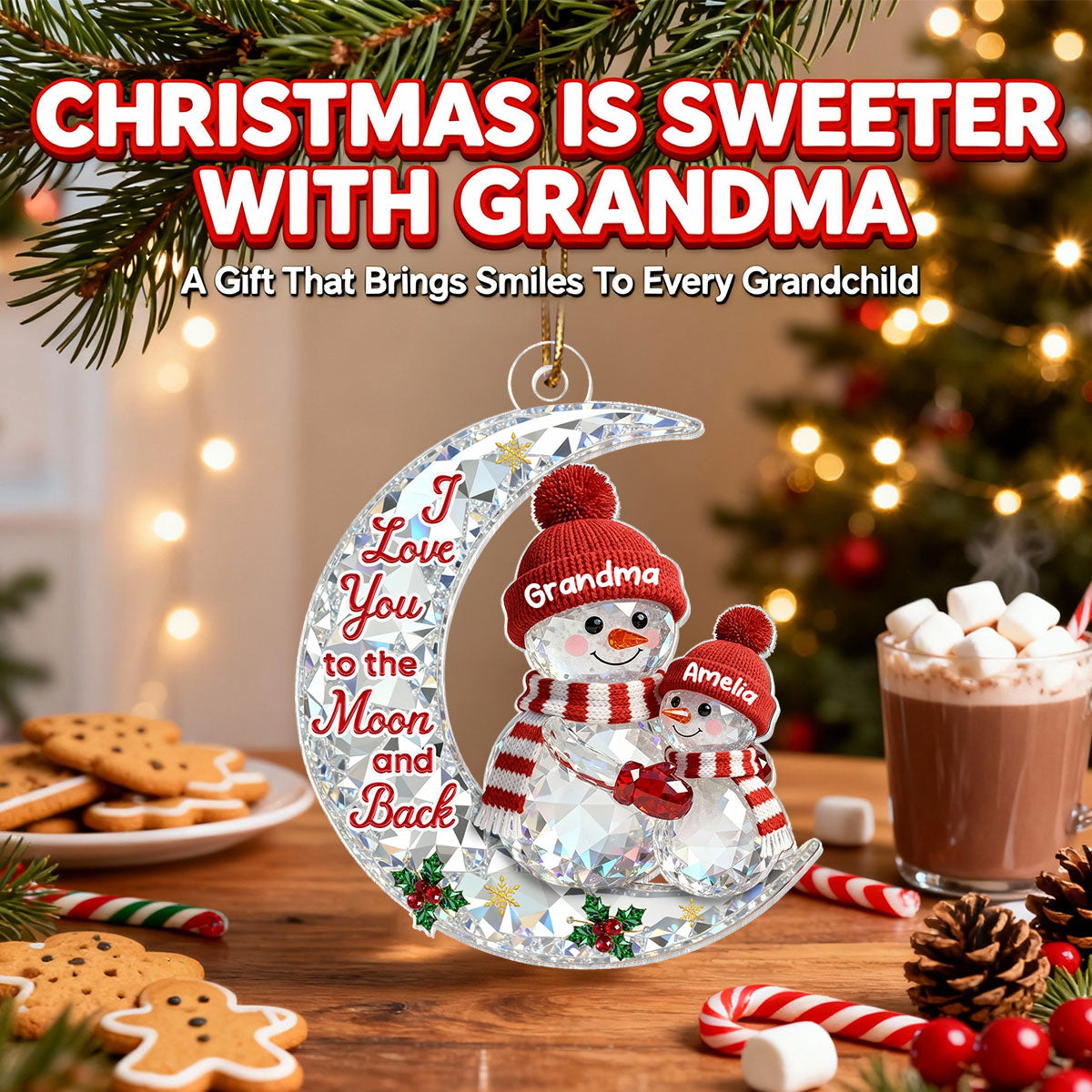 3D Effect Flat Snowman Grandma And Grandkid On Moon - Personalized Acrylic Ornament - Gift For Grandma, Grandkids