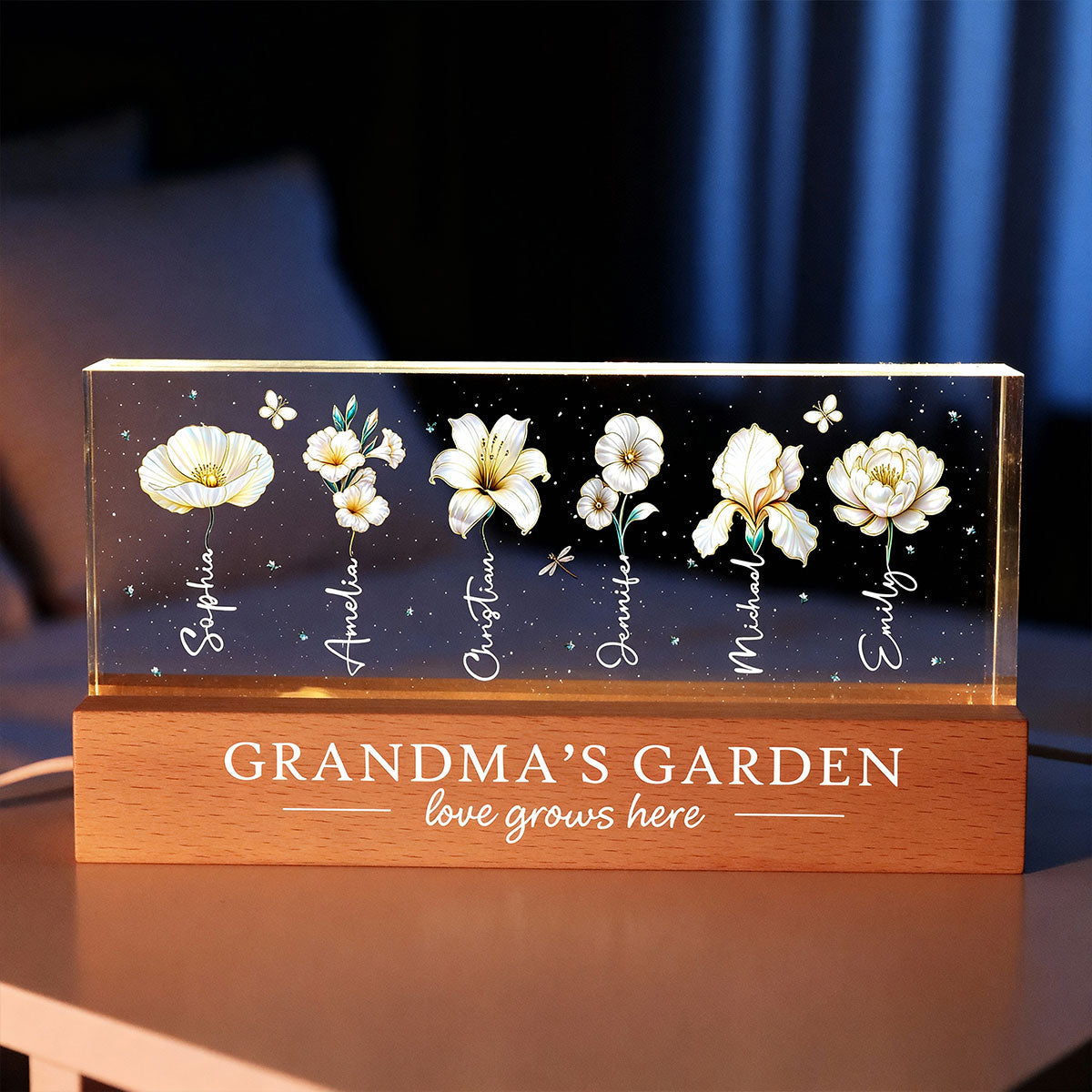 Grandma's Garden 3D Effect Birth Month Flowers - Personalized Acrylic Block LED Night Light - Gift For Grandma