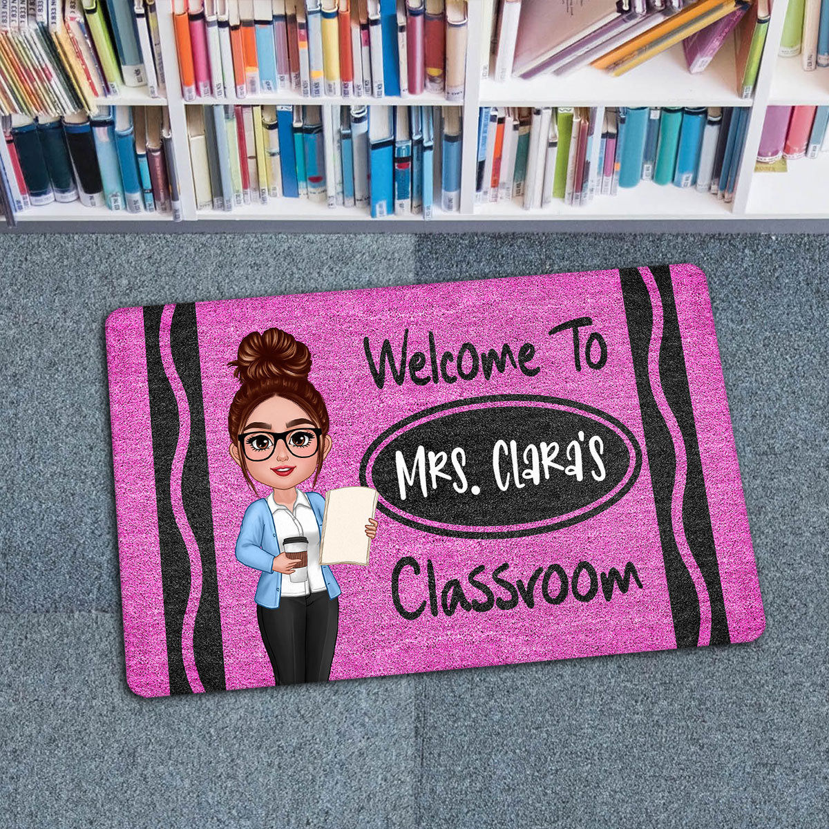 Male Female Teacher Crayon Pattern Welcome To Classroom Personalized Doormat| Back To School Gift, Classroom Decoration