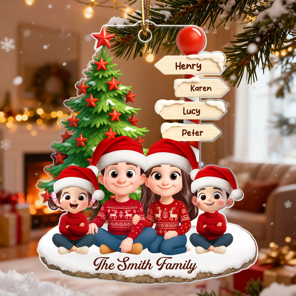 Family Sitting Together Custom Name Sign Post - Personalized Acrylic Ornament - Christmas Gift for Family