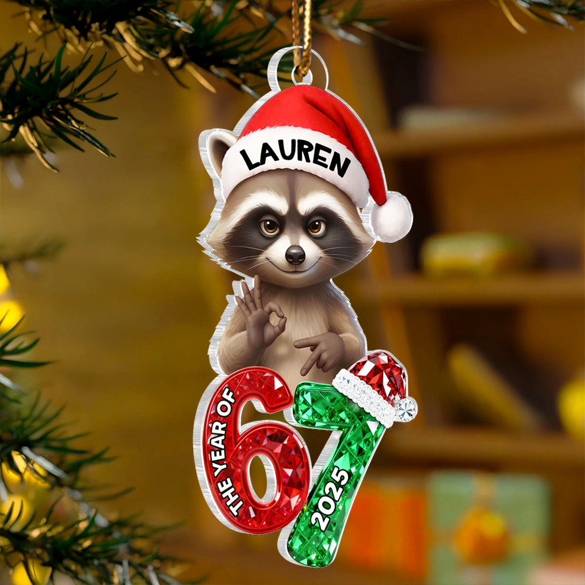 Cunning Raccoon Christmas Pattern Custom Six Seven 67 - Personalized Acrylic Ornament - Teen Slang Funny Tree Decor, Funny Teen Grandkid Gift