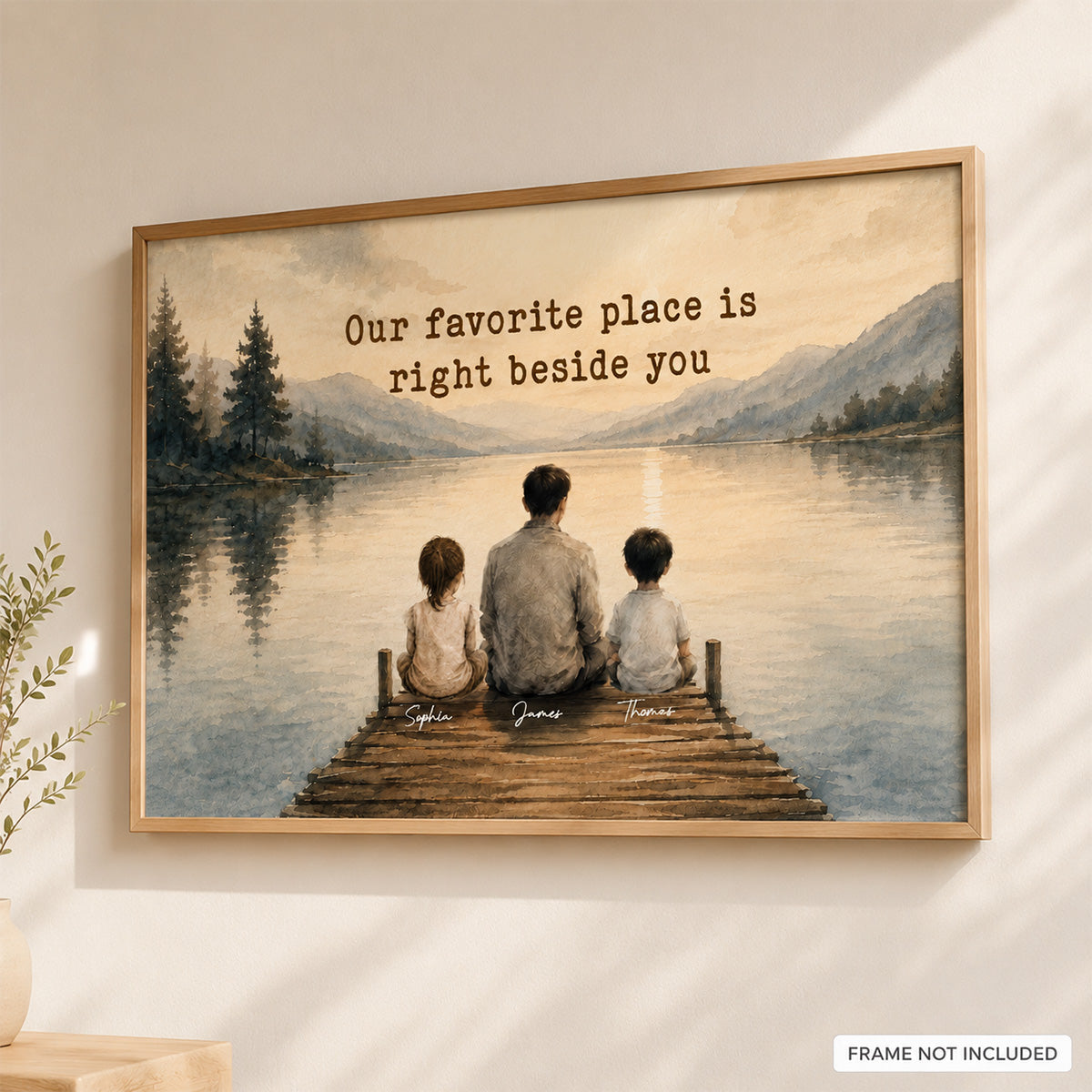Peaceful Lakeside Dad And Kids Watercolor Style - Personalized Poster