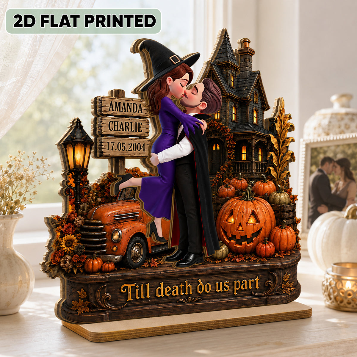 Couple Halloween Haunted House - Personalized 2-Layered Wooden Plaque - Halloween Decor Keepsake for Her, for Him