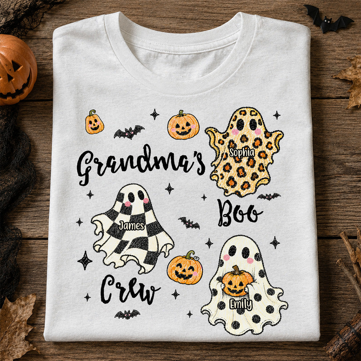 Grandma's Boo Crew Checkered Leopard Polka Dot Ghosts - Personalized Shirt - Perfect Halloween Costume for Grandma