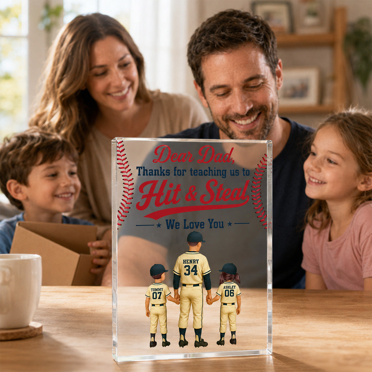 Thank You For Teaching Us To Hit & Steal Baseball Dad & Kids - Personalized Acrylic Block Plaque -  Gift For Dad, Husband