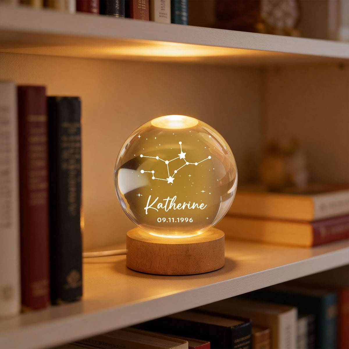 Birthday Zodiac Constellation Astrology Star Sign Art - Personalized Crystal Ball LED Night Light - Birthday Gift, Keepsake