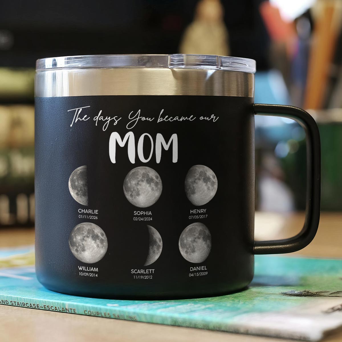 The Days You Became Our Mom Grandma Custom Birth Moon Phase - Personalized Tumbler With Handle - Mother's Day Gift For Mom, Grandma
