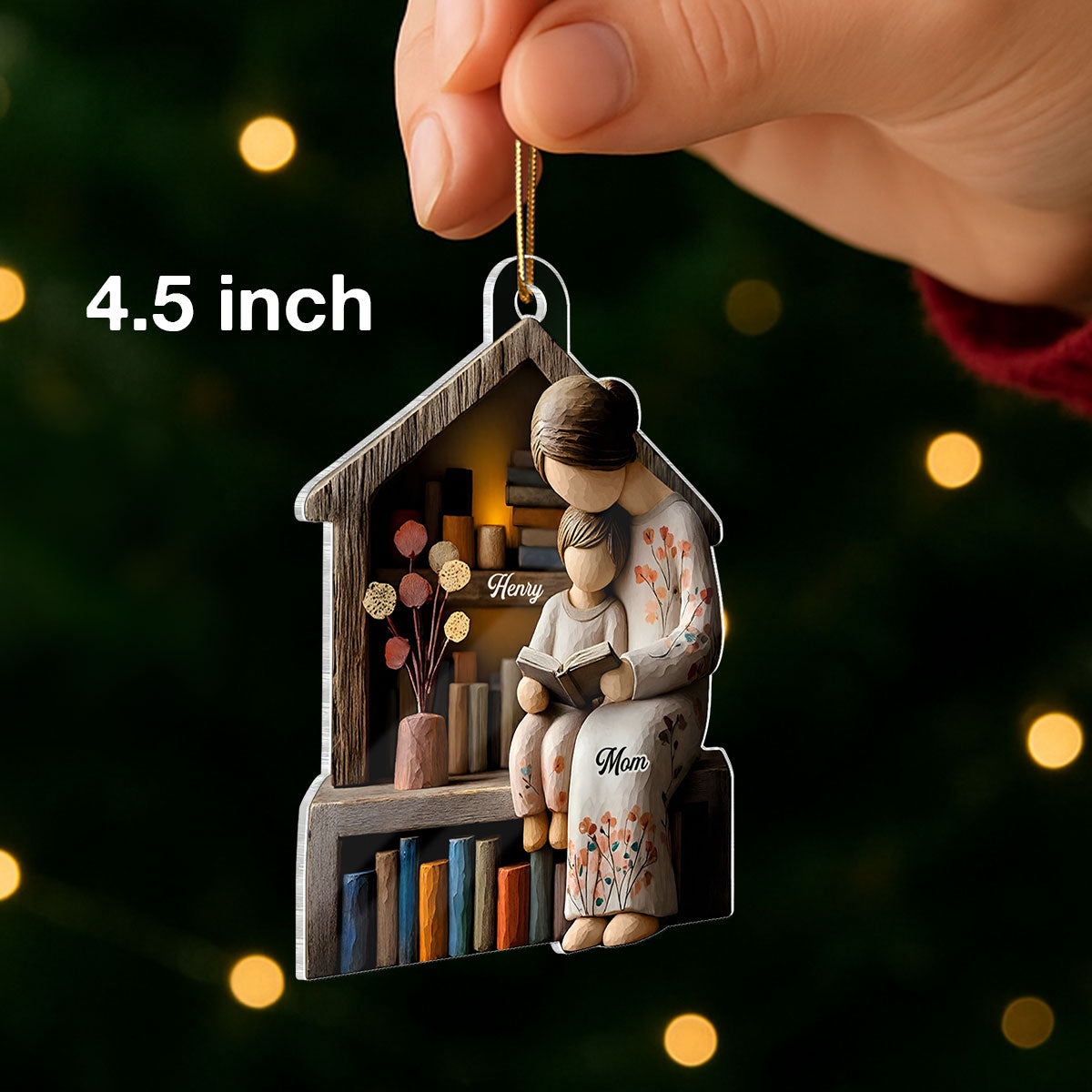Mom And Daughter Son Reading Book Faux Wood - Personalized Acrylic Ornament - Heartwarming Christmas Gift For Mom, Family