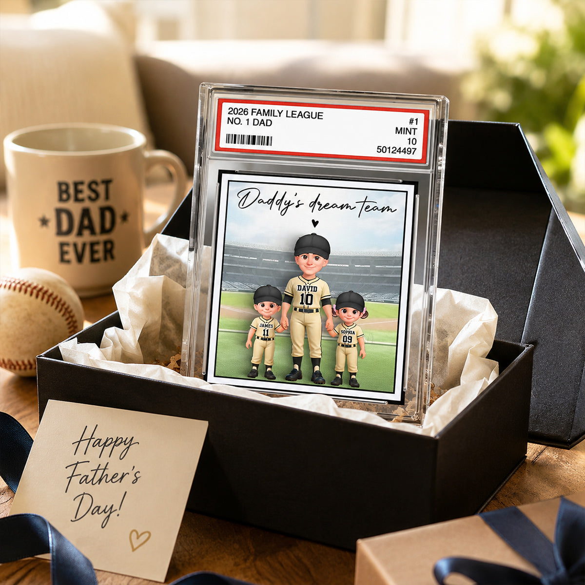 Baseball No. 1 Dad Man & Kids Standing On Court Trading Card Style - Personalized Acrylic Block Plaque -  Gift For Baseball Dad