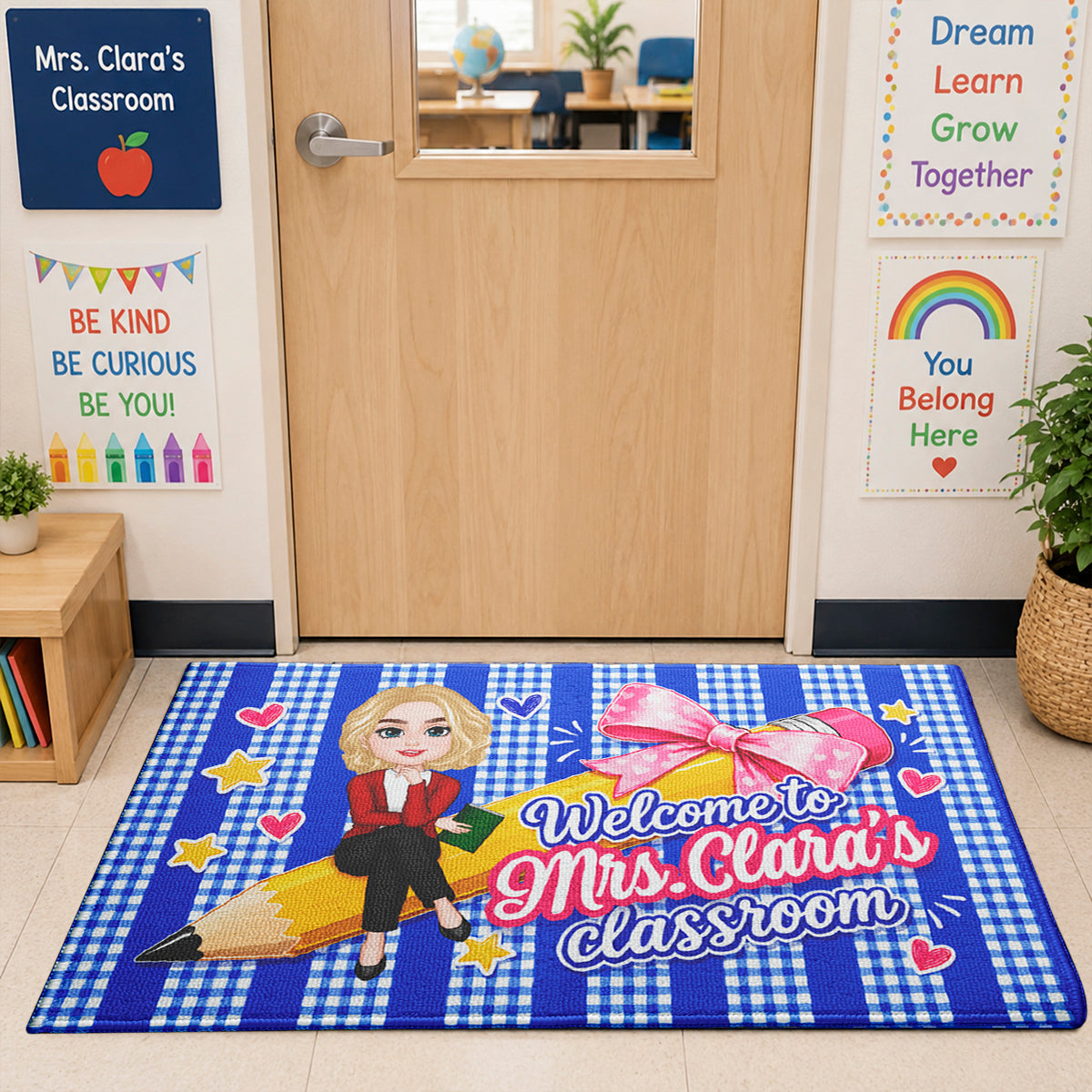 Welcome to Teacher's Classroom Pencil Bow - Personalized Doormat - Back to School Decor for Teacher