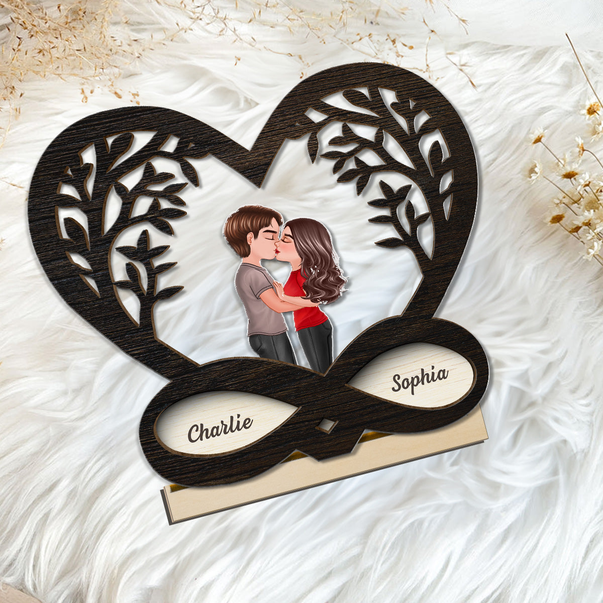 Couple Kissing Under Tree Rustic Infinity Heart - Personalized 2-Layer Wooden Plaque - Valentine's Day, Anniversary Gift For Him, For Her