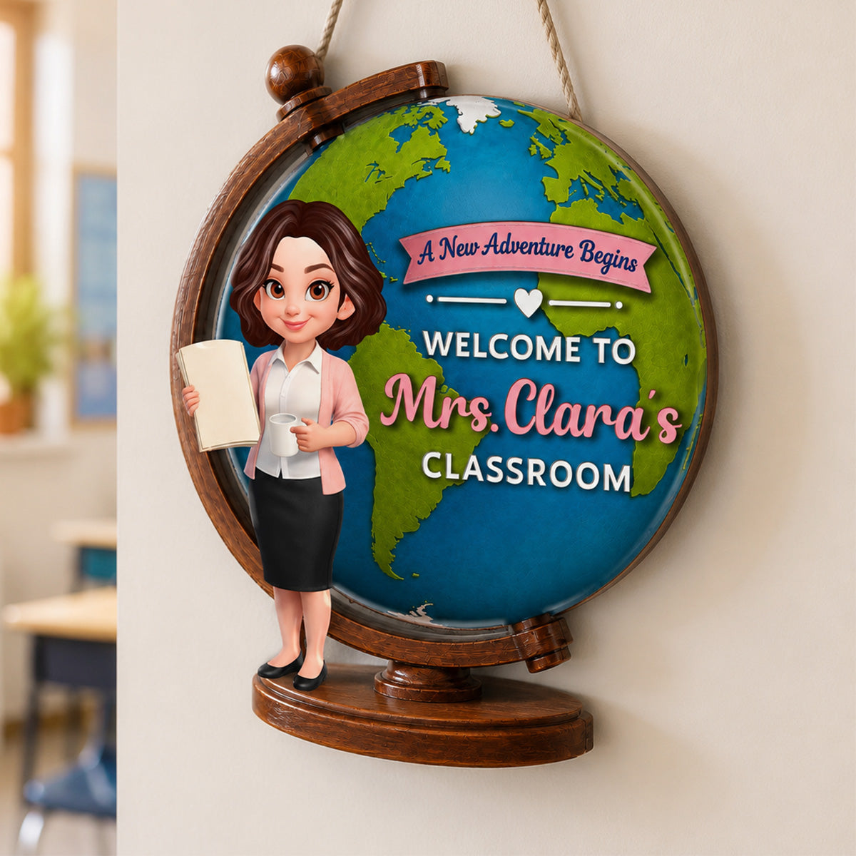 Globe Teacher Welcome - Personalized Door Hanger - Back To School Decoration