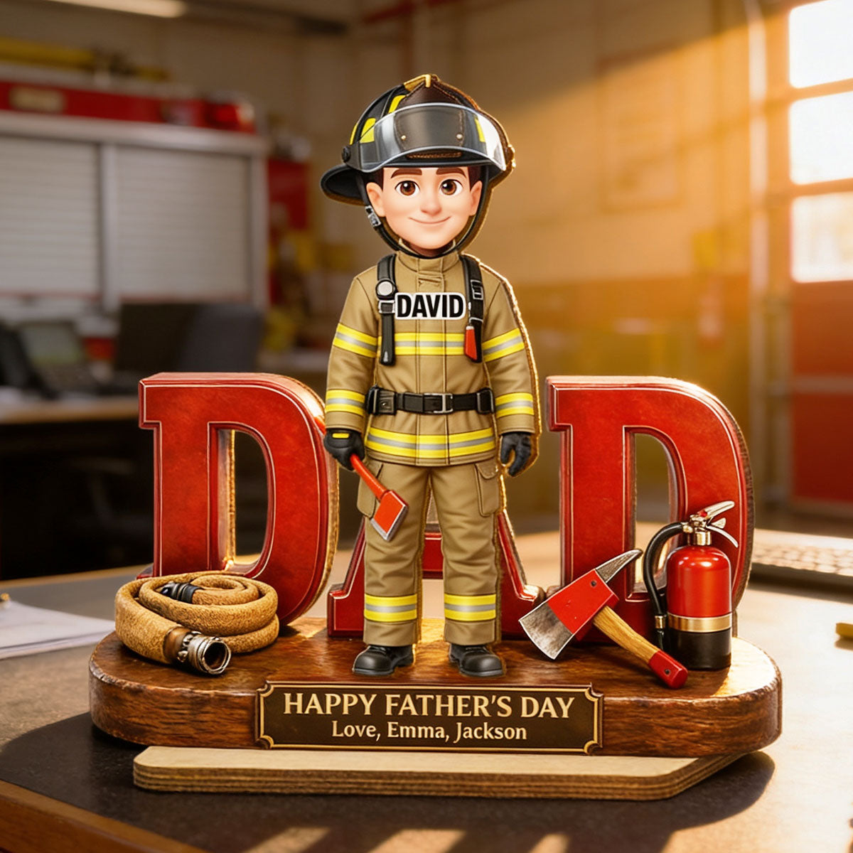 Proud American Firefighter Dad - Personalized 2-Layered Wooden Plaque -  Gift For Dad