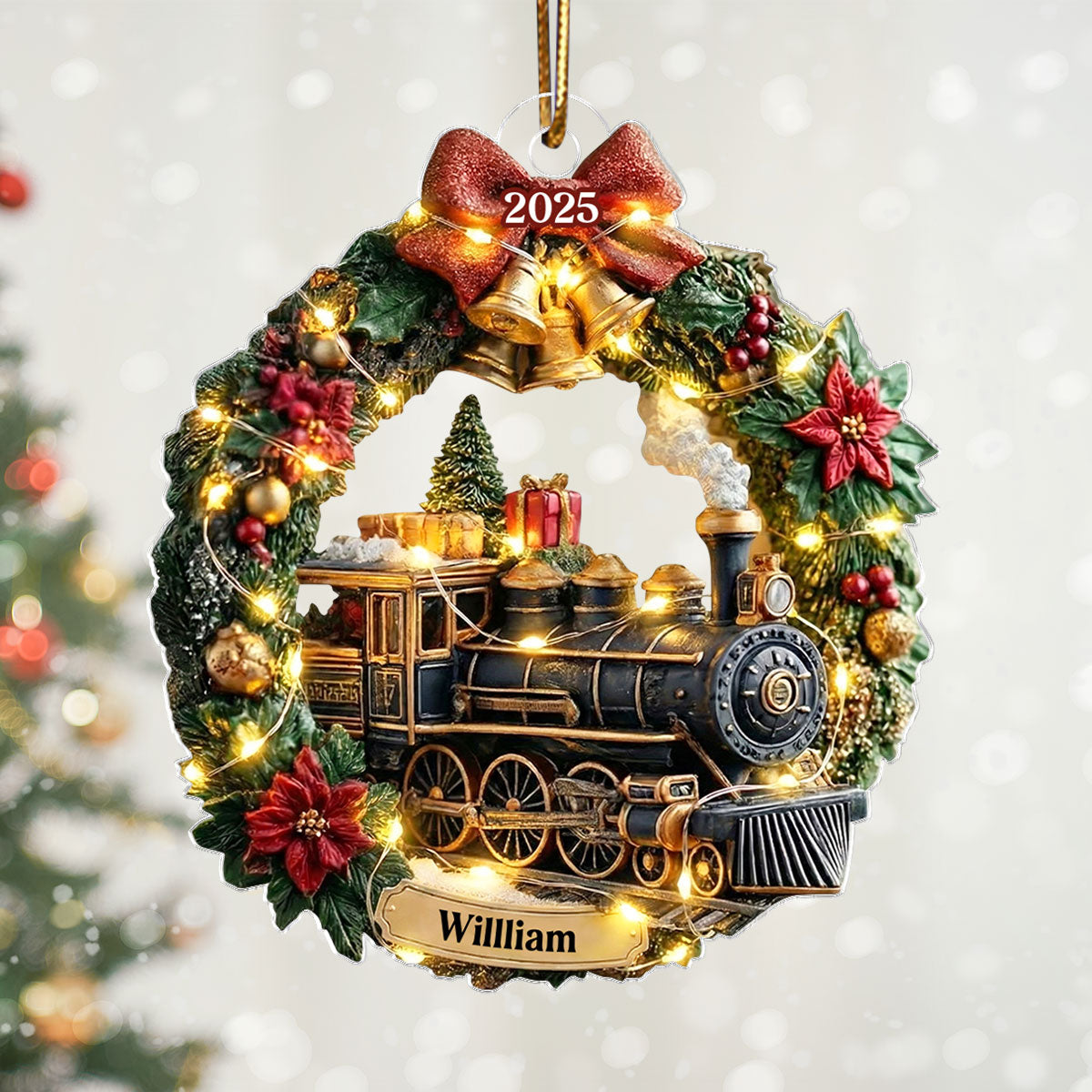 Christmas Train Family Keepsake Wreath - Personalized Acrylic Ornament - Christmas Gift For Kid, Family