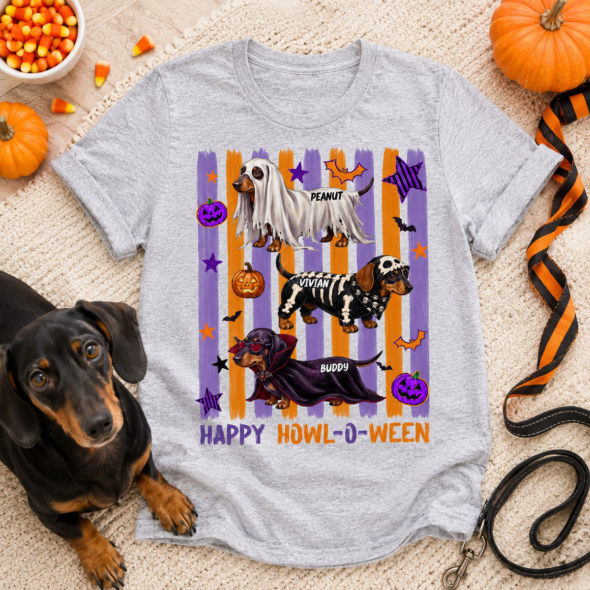 Striped Halloween Dachshund Ghost - Personalized Shirt - Halloween Gift For Dog Lovers