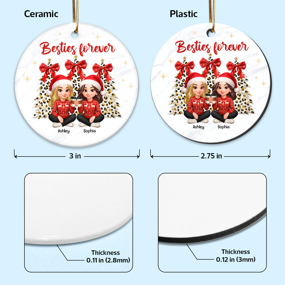 Besties Forever Leopard Coquette Christmas Tree - Personalized Ceramic Ornament