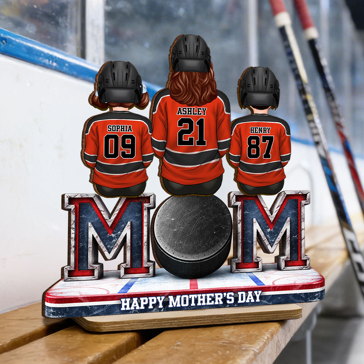 Hockey Mom And Kids Sitting Together - Personalized 2-Layered Wooden Plaque - Mother's Day Gift For Hockey Mom