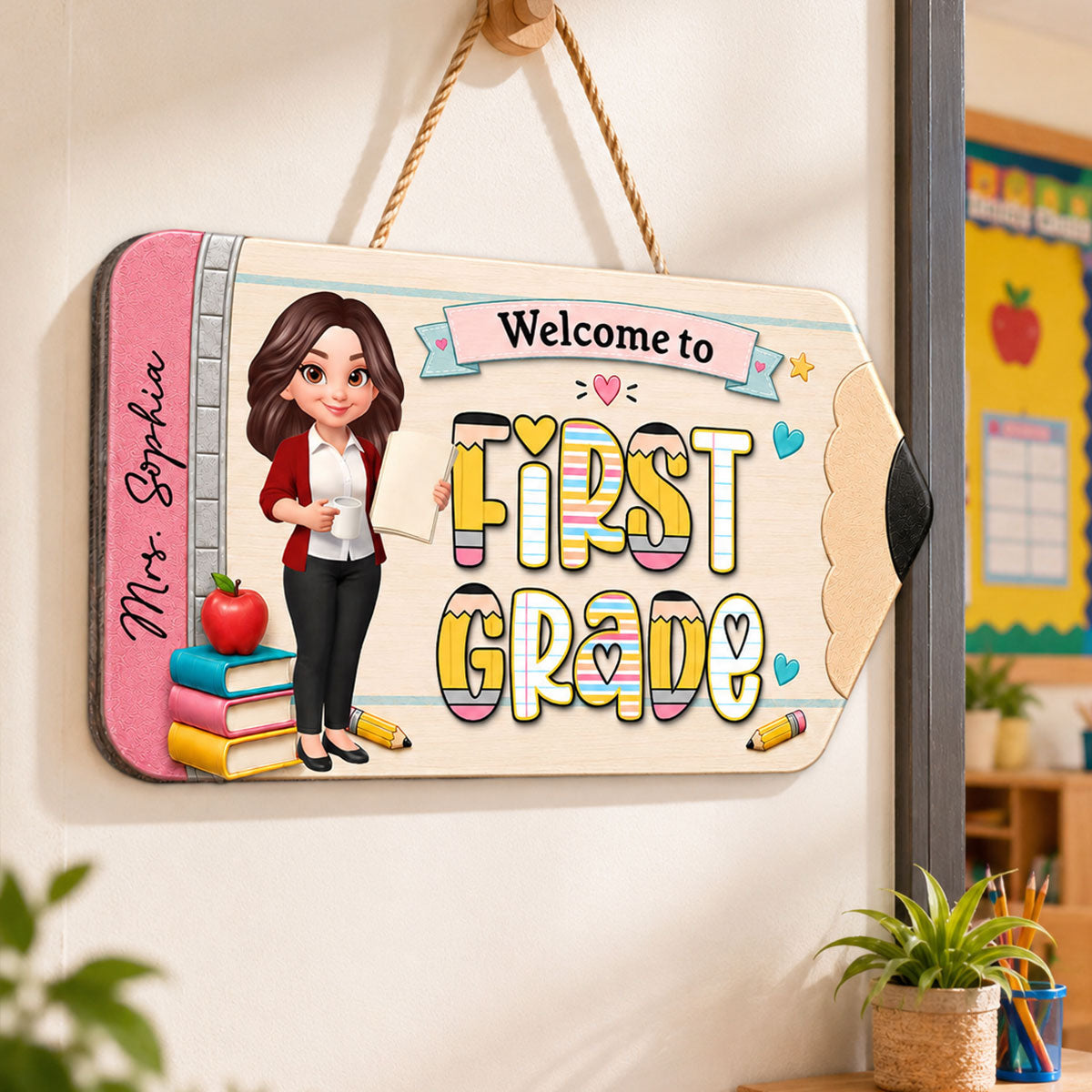 Trending First Grade With Teacher Welcome To Classroom - Personalized Wood Sign - Back To School, Classroom Decor