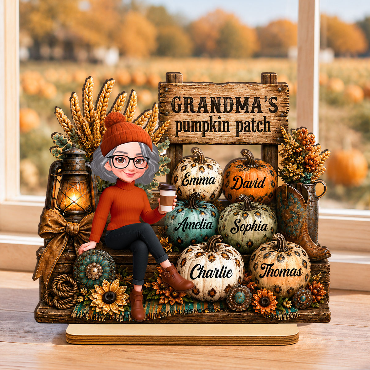 Grandma Pumpkin Patch Western Fall Vibe - Personalized 2-Layered Wooden Plaque - Fall Gift for Grandma