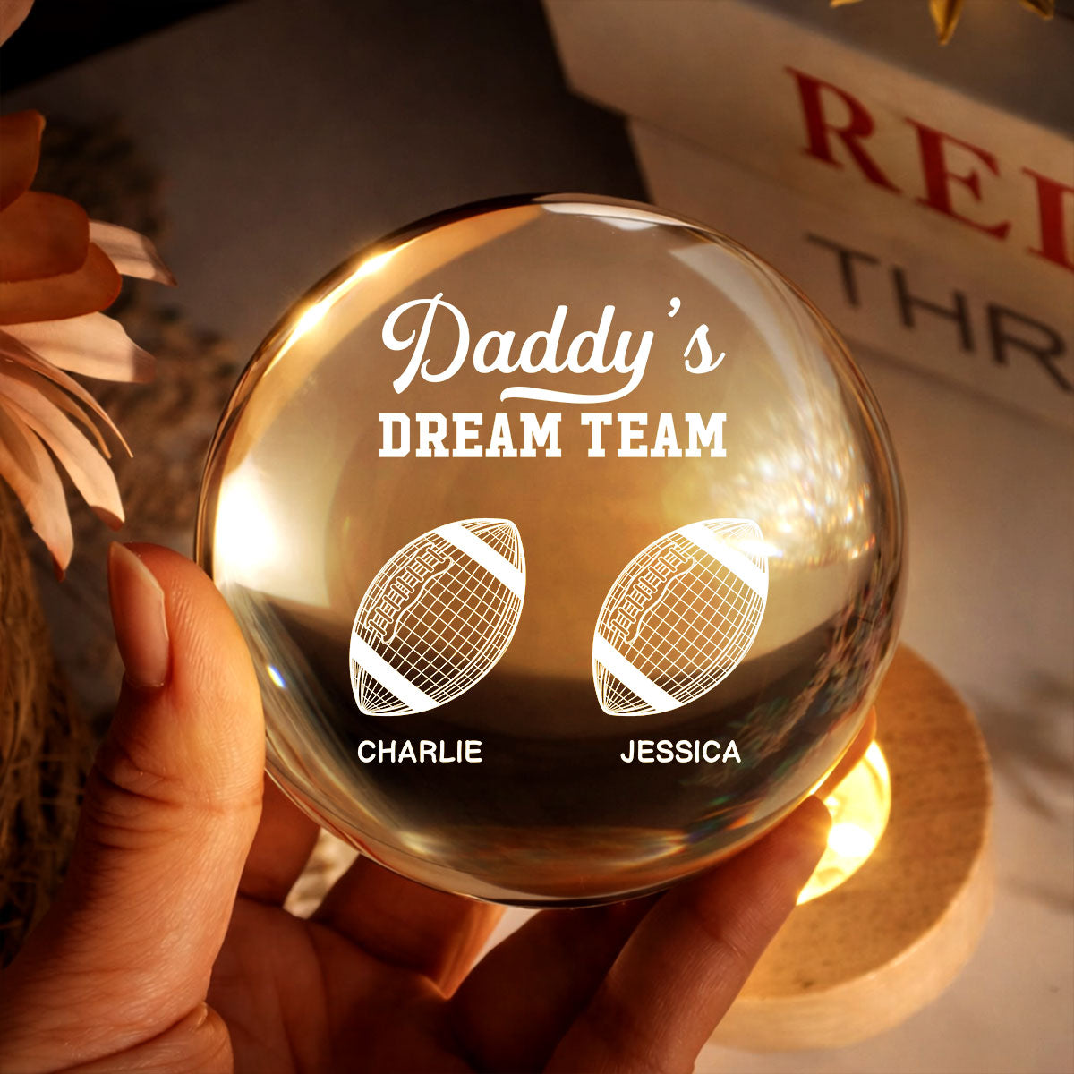 American Football Daddy's Dream Team Illusion Style - Personalized Crystal Ball LED Night Light -  Gift For Dad, Husband